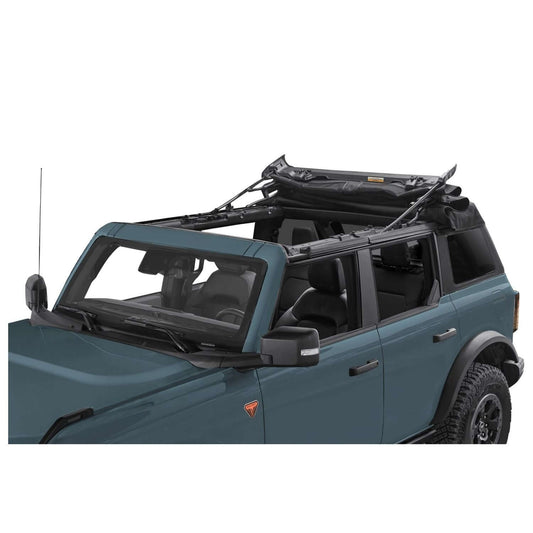 BESTOP | Trektop '21-26 Bronco 4-Door Premium Black Twill Bestop | 56873-17 installed on a Bronco with top partially open
