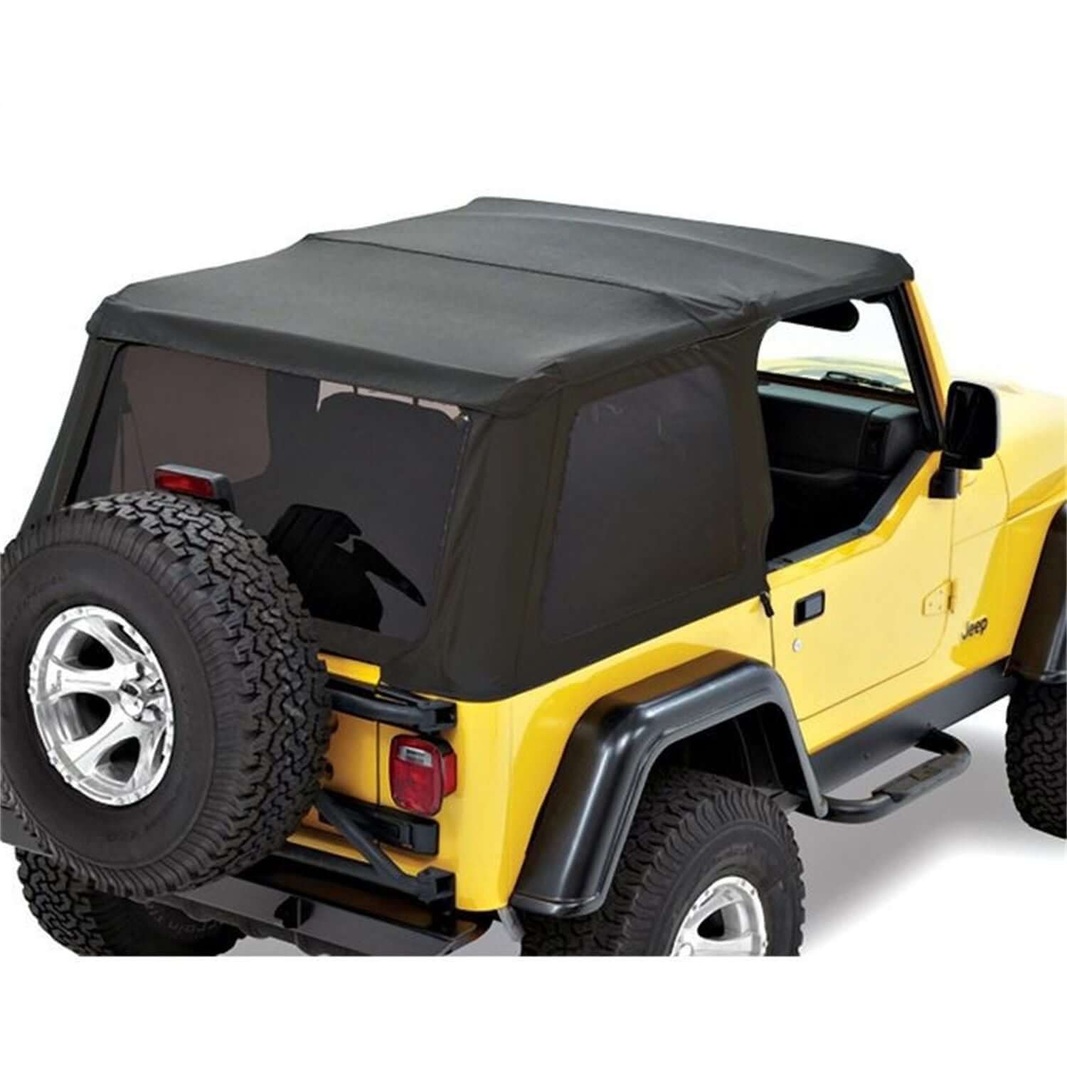 BESTOP | Trektop Slantback Soft Top For Jeep 1997-2006 Wrangler TJ Black Premium Twill Bestop | 56920-17 installed on a yellow Jeep.