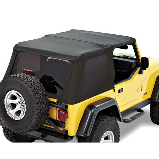 BESTOP | Trektop Slantback Soft Top For Jeep 1997-2006 Wrangler TJ Black Premium Twill Bestop | 56920-17 installed on a yellow Jeep.