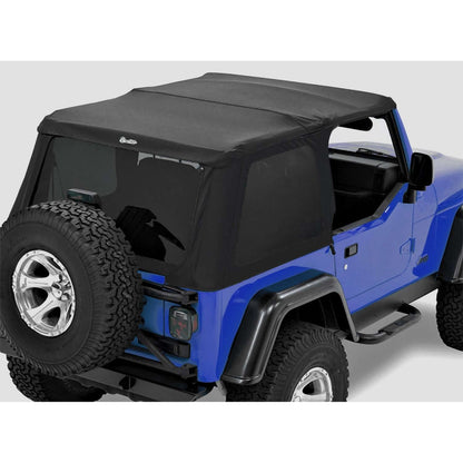 BESTOP | Replace-A-Top for Trektop Hardware For Jeep 1997-2006 Wrangler TJ Tinted Black Premium Twill Bestop | 59720-17 installed on a blue Jeep.