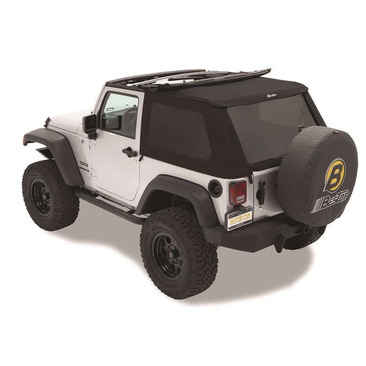 BESTOP | Replace-A-Top for Trektop Hardware For Jeep 2007-2018 Wrangler JK 2 Door Tinted Black Premium Twill Bestop | 59722-17 installed on Jeep.