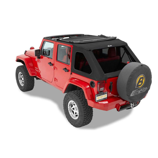 BESTOP | Replace-A-Top for Trektop Hardware For Jeep 2007-2018 Wrangler JK 4 Door Tinted Black Premium Twill Bestop | 59723-17 on a red Jeep
