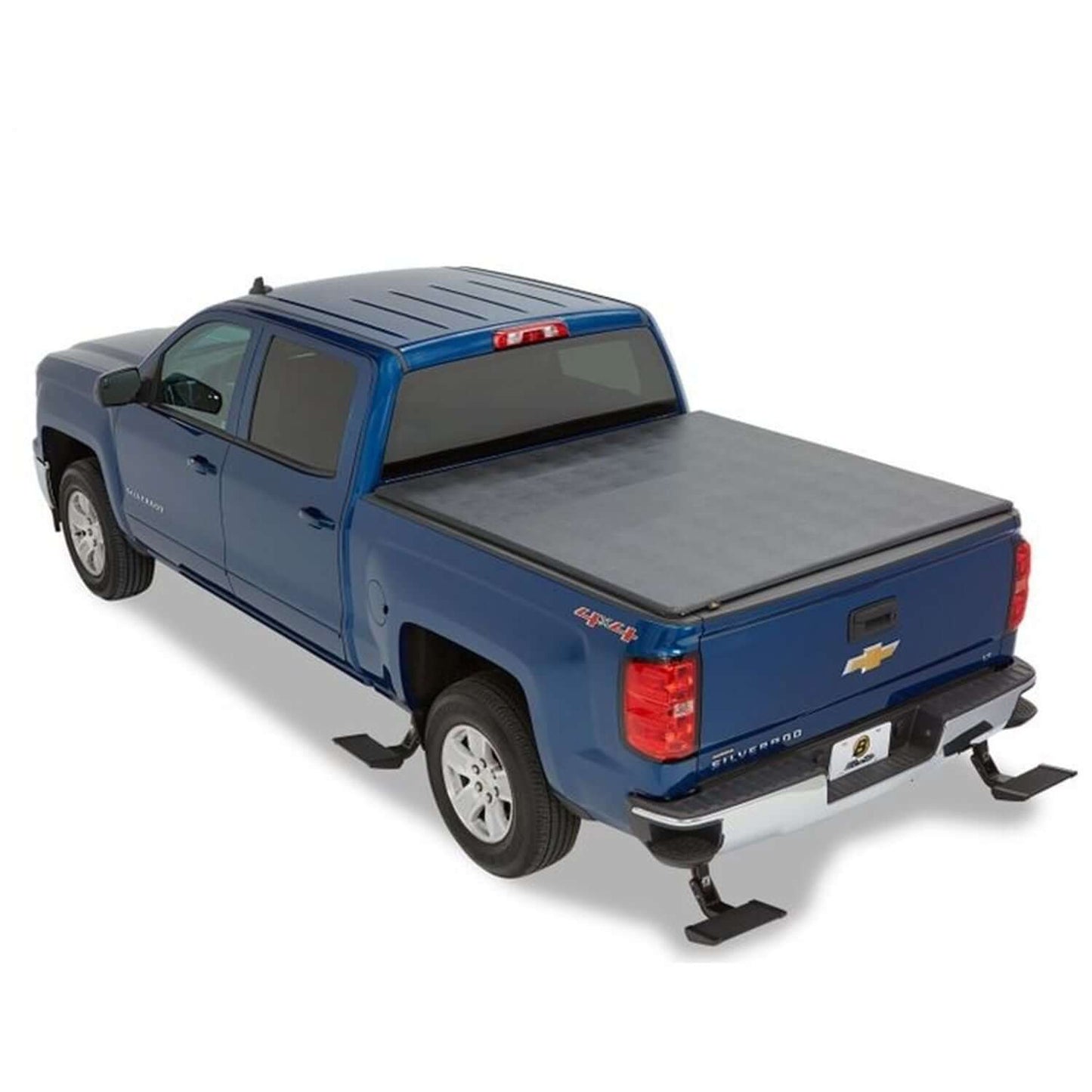 TrekStep Rear Mount Step Black I 75500-15 installed on blue GMC Sierra with truck bed cover.