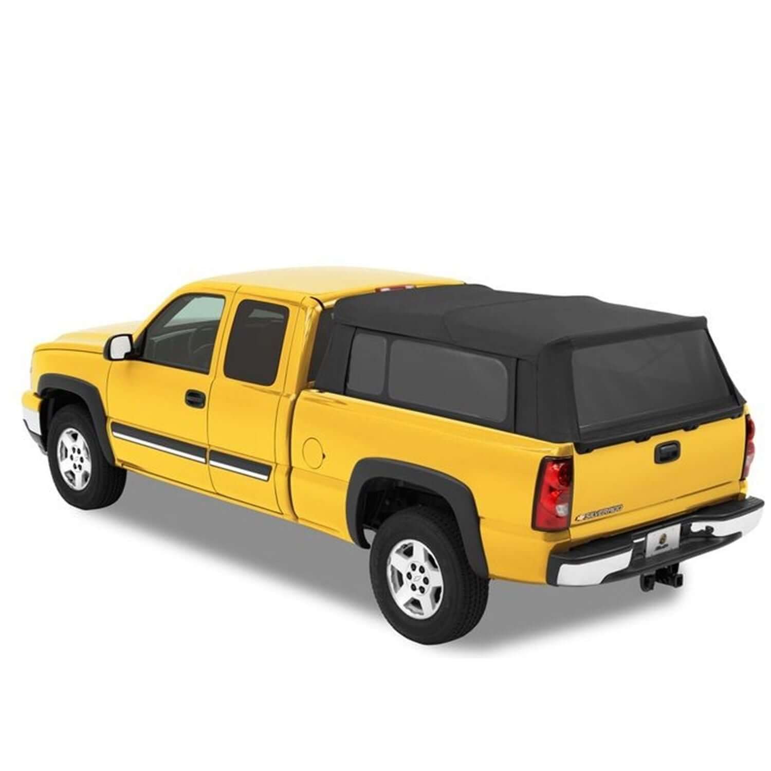 BESTOP | Supertop Truck Bed Cap For Chevy/GMC 1999-2018 Silverado/Sierra 6.5 Foot Bed Black Diamond Fabric Bestop | 76303-35 on yellow truck