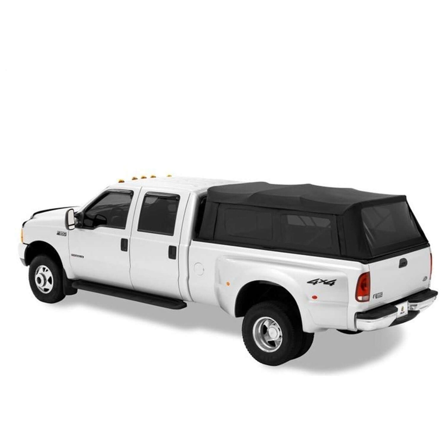 BESTOP | Supertop Truck Bed Cap For Ford 1999-2017 F-250SD/F-350SD 6.75 Foot Bed Black Diamond Fabric Bestop | 76307-35 on a white truck.