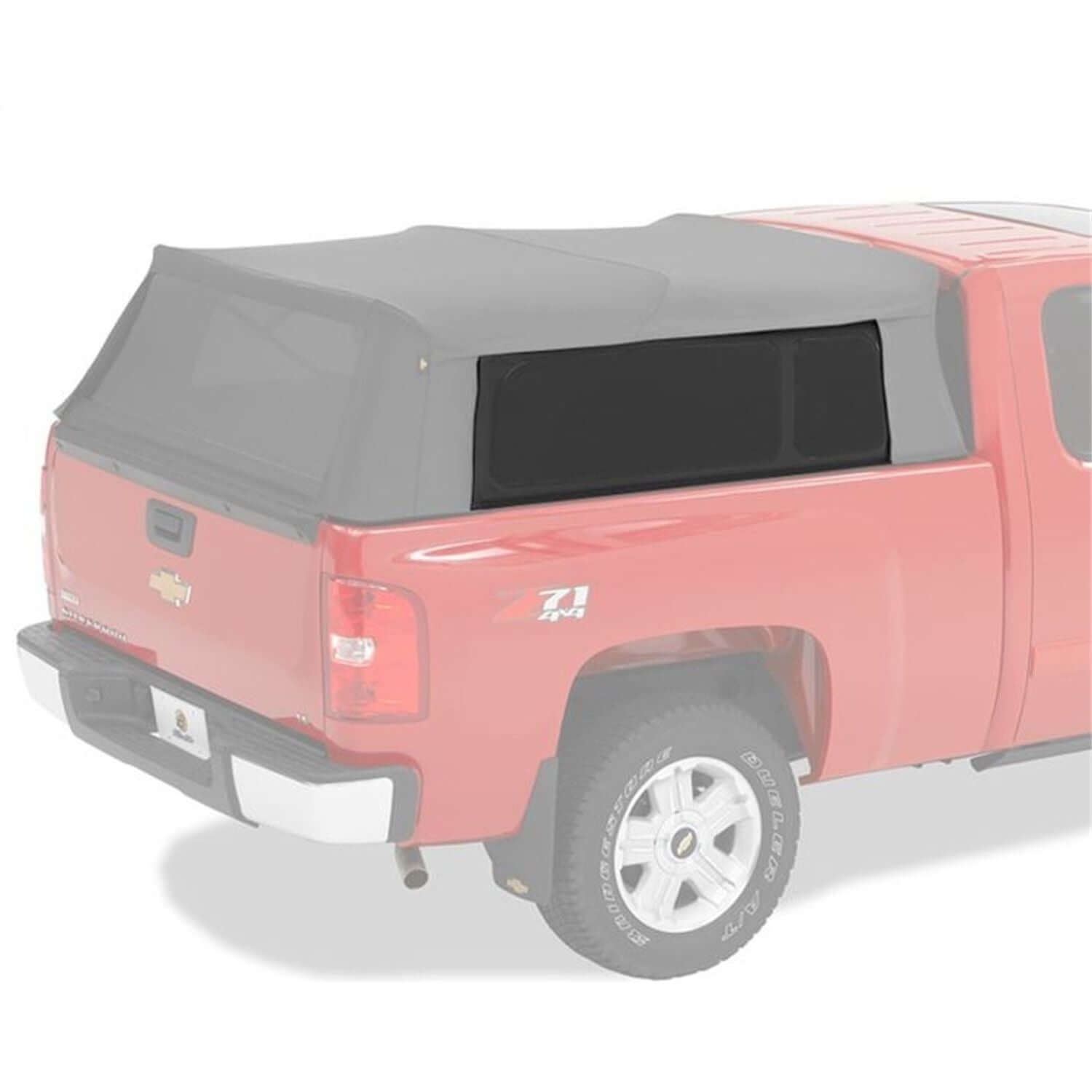 Bestop 76320-35 Black Diamond Tinted Window Kit for Supertop® for Truck Bed Cover installed on red truck.