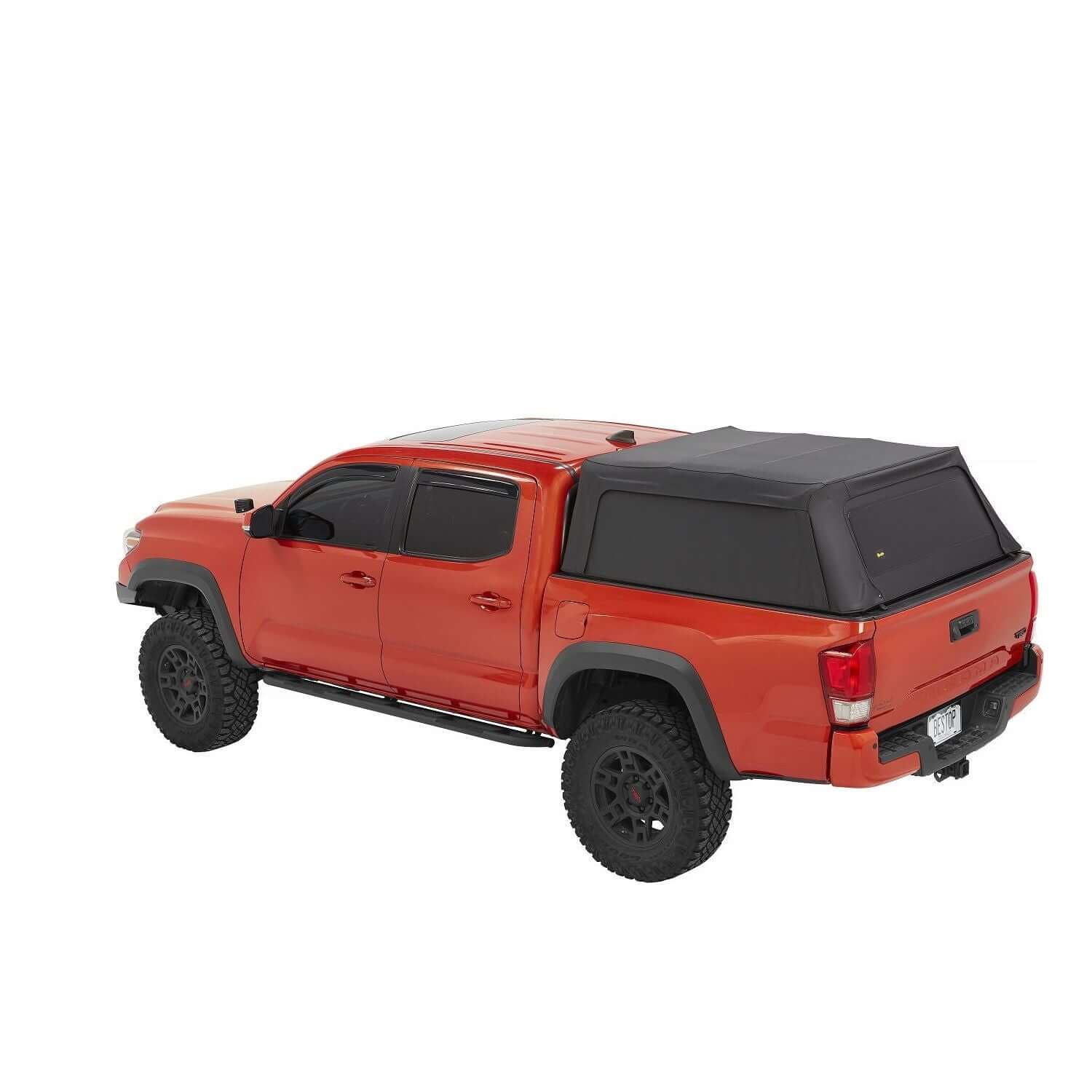 BESTOP | Supertop Truck Bed Cap 2 For Toyota 2016-2023 Tacoma 6.0 Foot Black Diamond PVC Coated Sailcloth No Drill Bestop | 77301-35 on an orange Tacoma.
