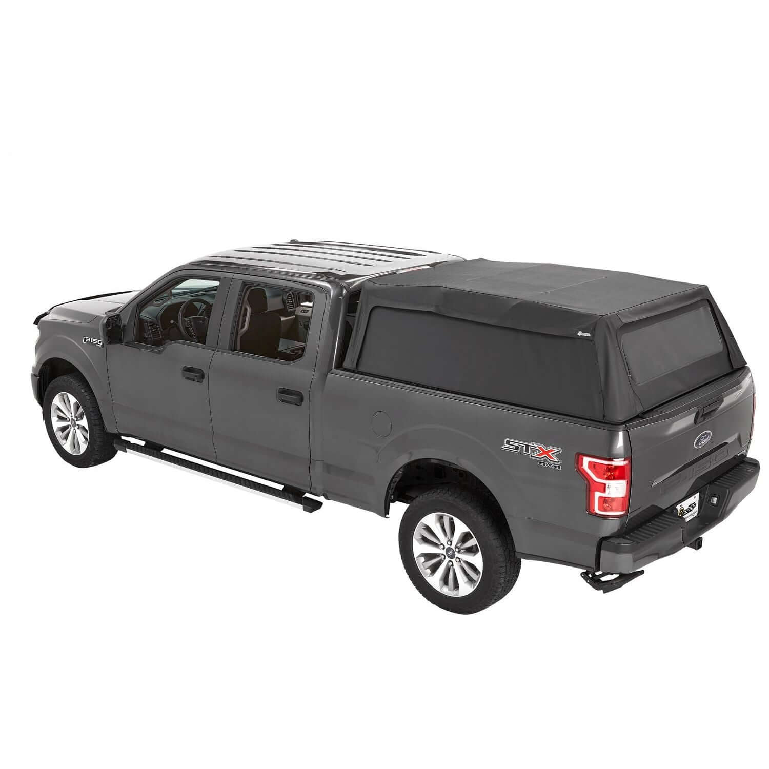 BESTOP | Supertop Truck Bed Cap 2 For Ford 2015-2024 F-150 5.5 Foot Black Diamond PVC Coated Sailcloth No Drill Bestop | 77309-35 on grey truck.