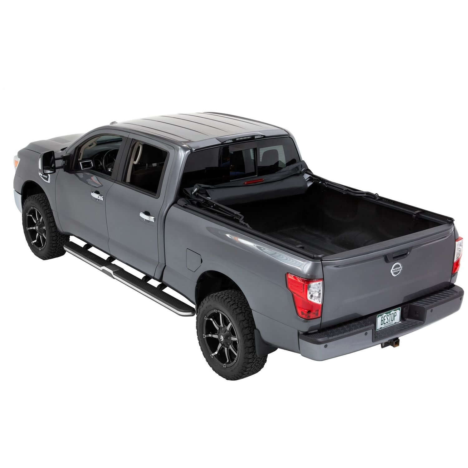 BESTOP | Supertop Truck Bed Cap 2 For Nissan 2004-2024 Titan 6.5 Foot Black Diamond PVC Coated Sailcloth No Drill Bestop | 77313-35 on grey truck.