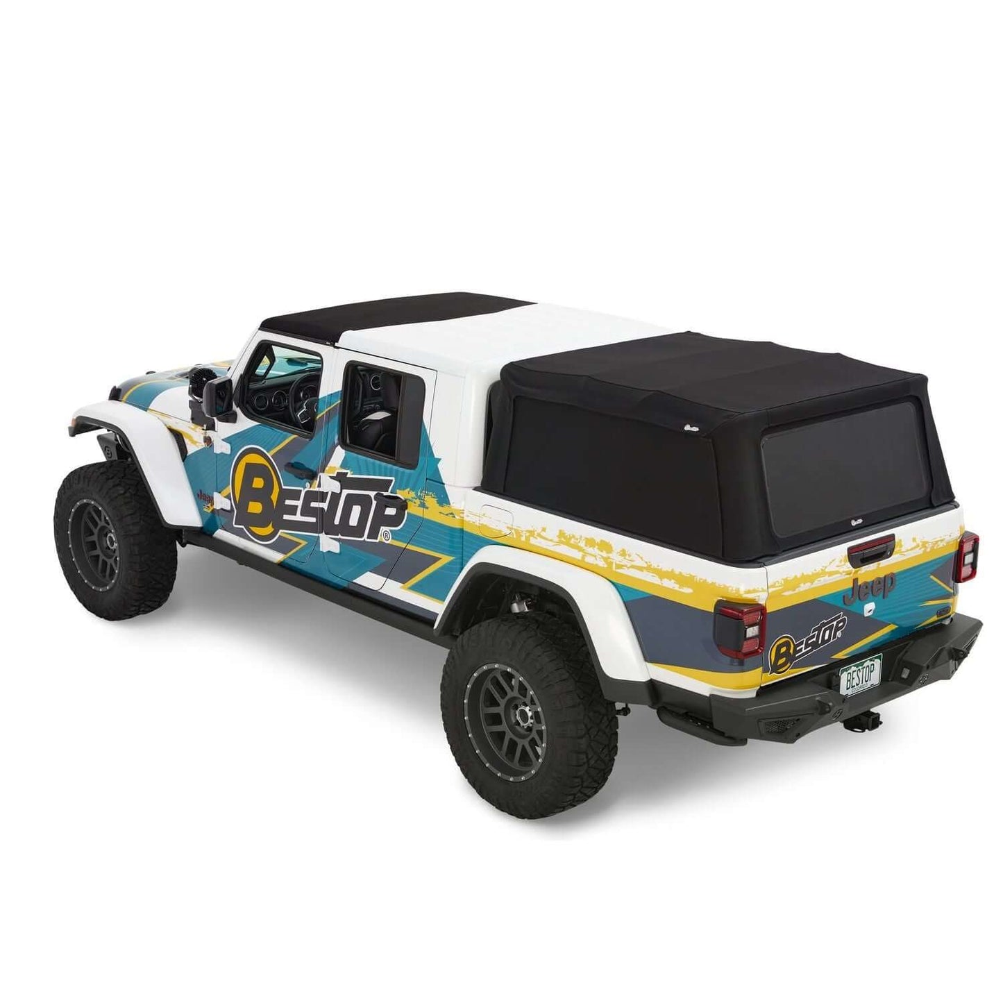 Bestop Supertop For Truck Black Twill I 77326-17 on Jeep Gladiator, showcasing black twill soft top design.
