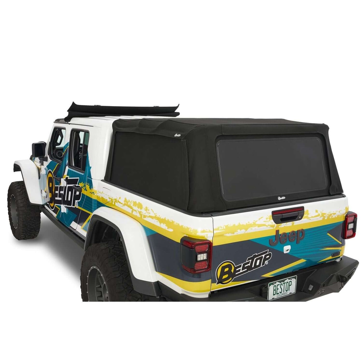 Bestop Supertop For Truck Black Twill I 77326-17 installed on a Jeep Gladiator, showcasing its sleek black design.