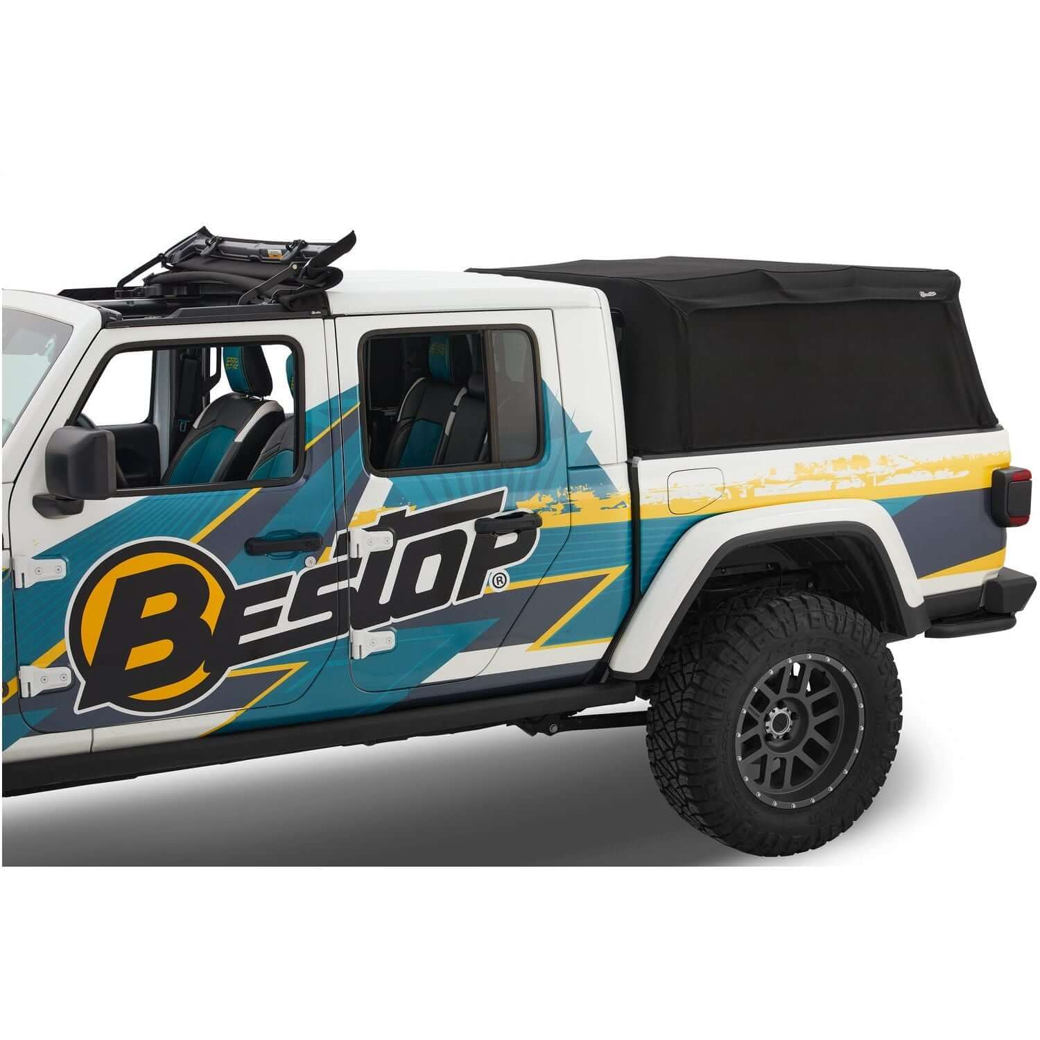 Bestop Supertop For Truck Black Twill I 77326-17 on a Gladiator truck with stylish graphics and rugged tires.