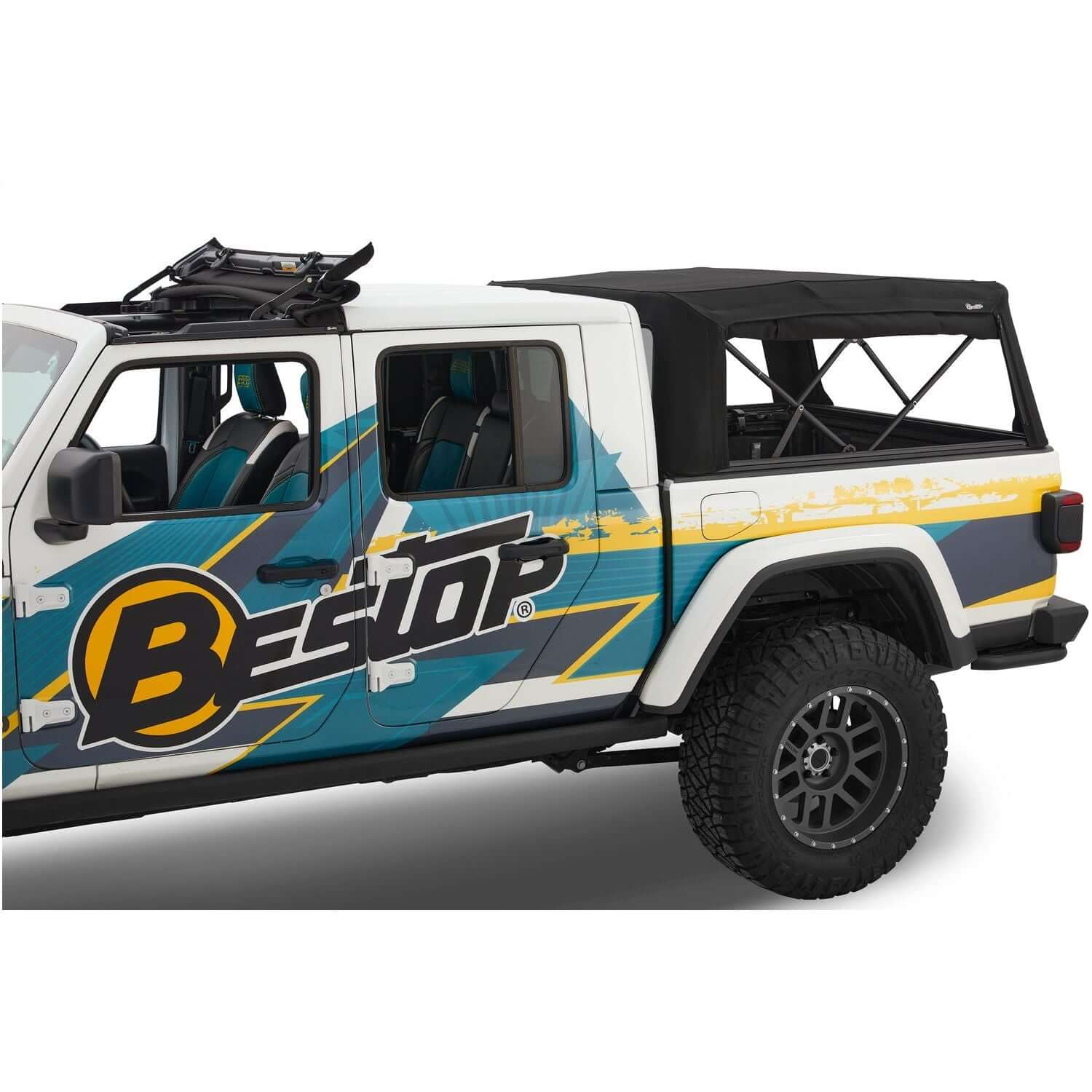 Bestop Supertop For Truck Black Twill I 77326-17 installed on a Jeep Gladiator with a stylish design and durable materials.
