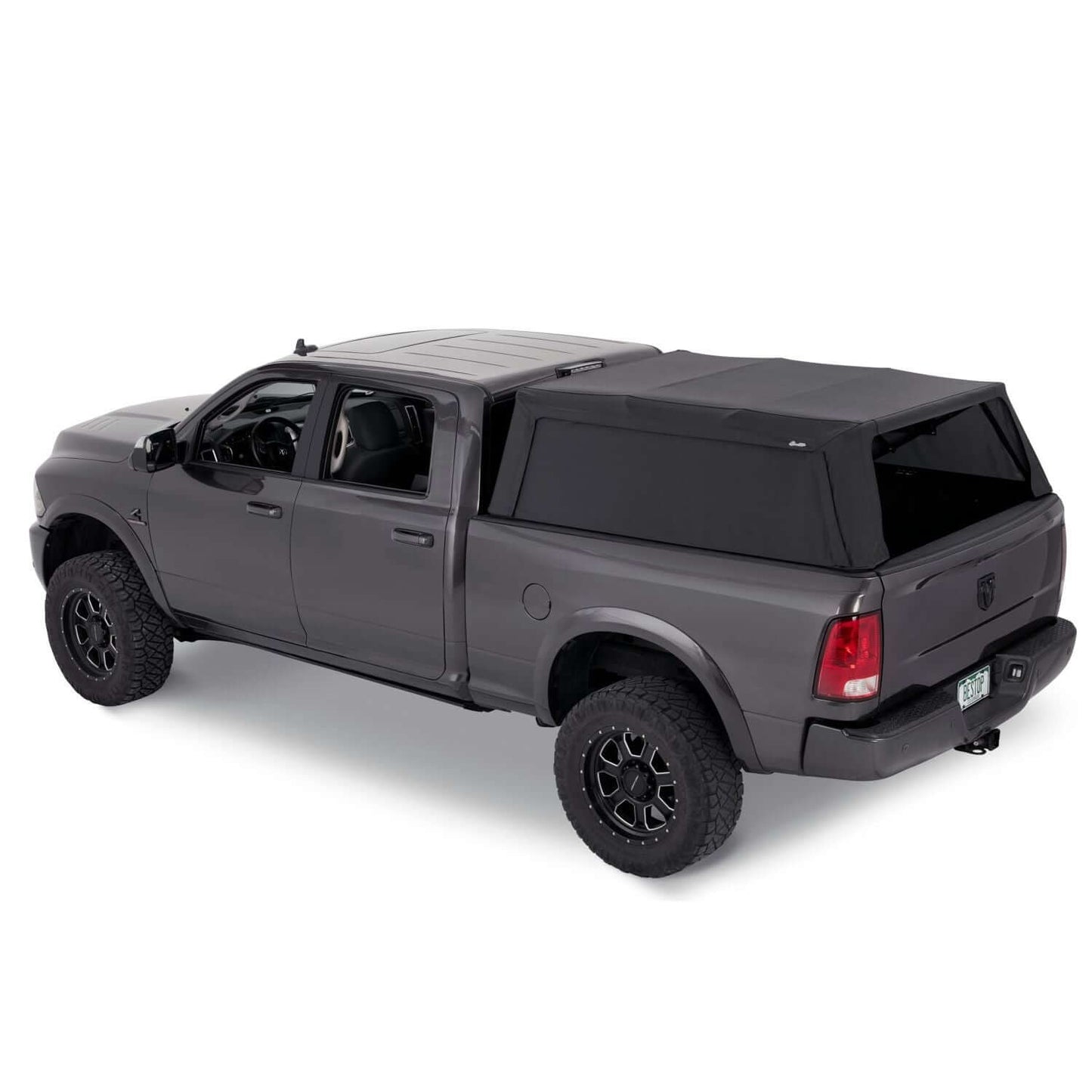 BESTOP | Supertop Truck Bed Cap 2 For Dodge 2009-10 Ram 1500 6.5 Foot Black Diamond PVC Coated Sailcloth No Drill Bestop | 77328-35 on grey truck.