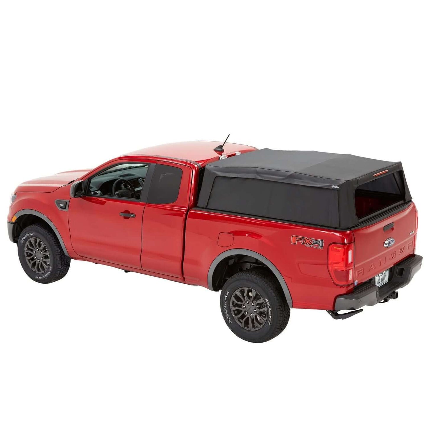 BESTOP | Supertop Truck Bed Cap 2 For Ford 2019-2024 Ranger 6.0 Foot Black Diamond PVC Coated Sailcloth No Drill Bestop | 77331-35 on red truck.
