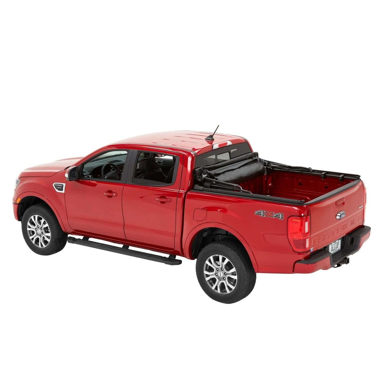 BESTOP | Supertop Truck Bed Cap 2 For Ford 2019-2024 Ranger 5.0 Foot Black Diamond PVC Coated Sailcloth No Drill Bestop | 77332-35 on red truck
