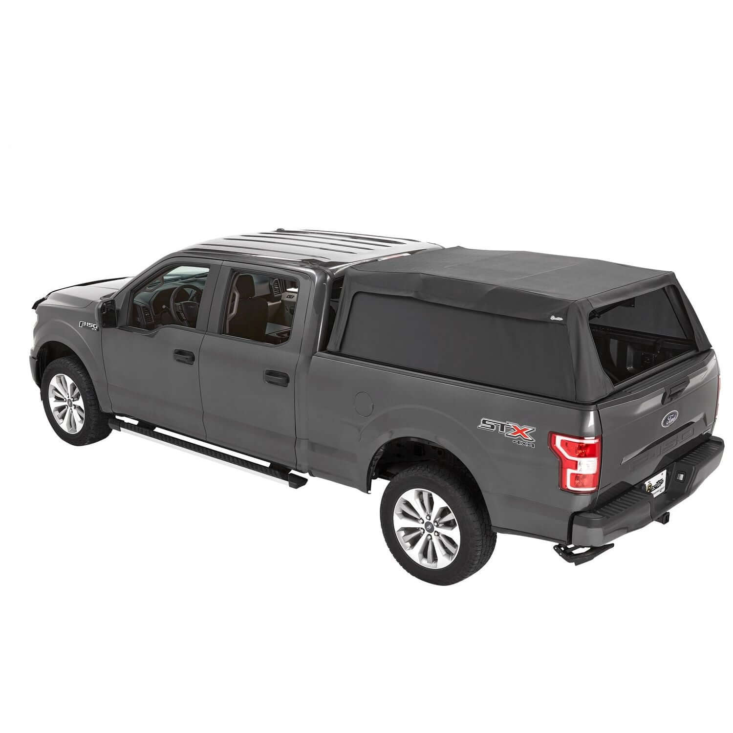 BESTOP | Supertop Truck Bed Cap 2 For Ford 2017-2024 F-250SD/F-350SD 6.8 Foot Black Diamond PVC Coated Sailcloth No Drill Bestop | 77334-35 on gray truck.