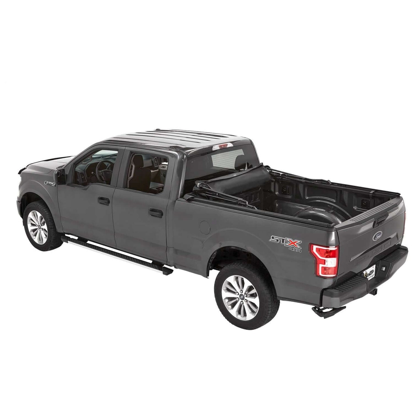 BESTOP | Supertop Truck Bed Cap 2 For Ford 2015-2024 F-150 6.5 Foot Black Diamond PVC Coated Sailcloth No Drill Bestop | 77336-35 on a gray Ford F-150.