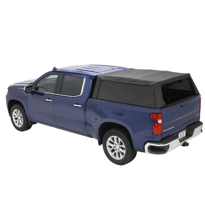 BESTOP | Supertop Truck Bed Cap 2 For Chevy/GMC 2020-2024 Silverado/Sierra 2500/3500 HD 6.8 Foot Black Diamond PVC Coated Sailcloth No Drill Bestop | 77337-35 on a blue truck