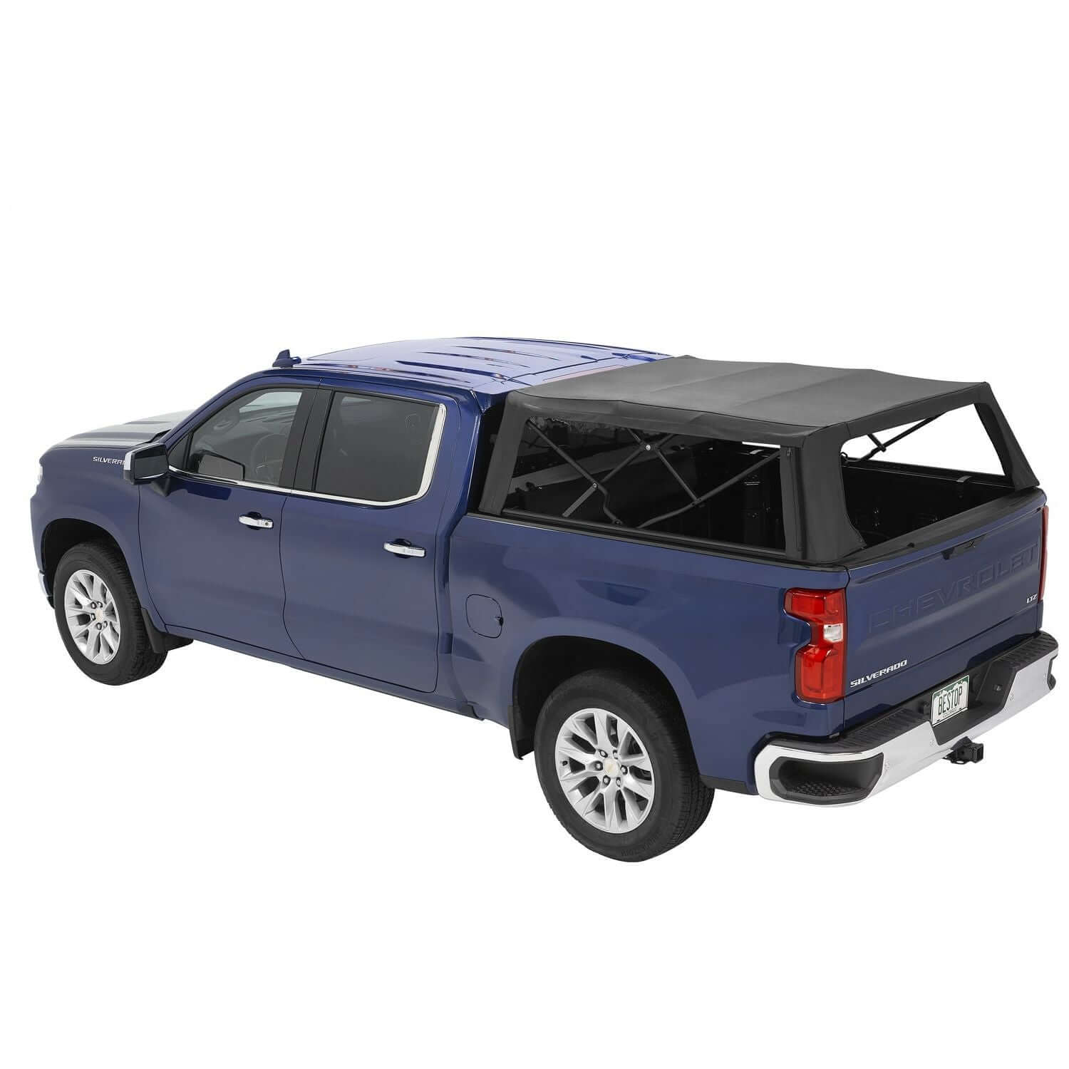 BESTOP | Supertop Truck Bed Cap 2 For Chevy/GMC 2020-2024 Silverado/Sierra 2500/3500 HD 6.8 Foot Black Diamond PVC Coated Sailcloth No Drill Bestop | 77337-35 on a blue truck.