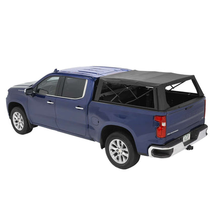 BESTOP | Supertop Truck Bed Cap 2 For Chevy/GMC 2020-2024 Silverado/Sierra 2500/3500 HD 6.8 Foot Black Diamond PVC Coated Sailcloth No Drill Bestop | 77337-35 on a blue truck.