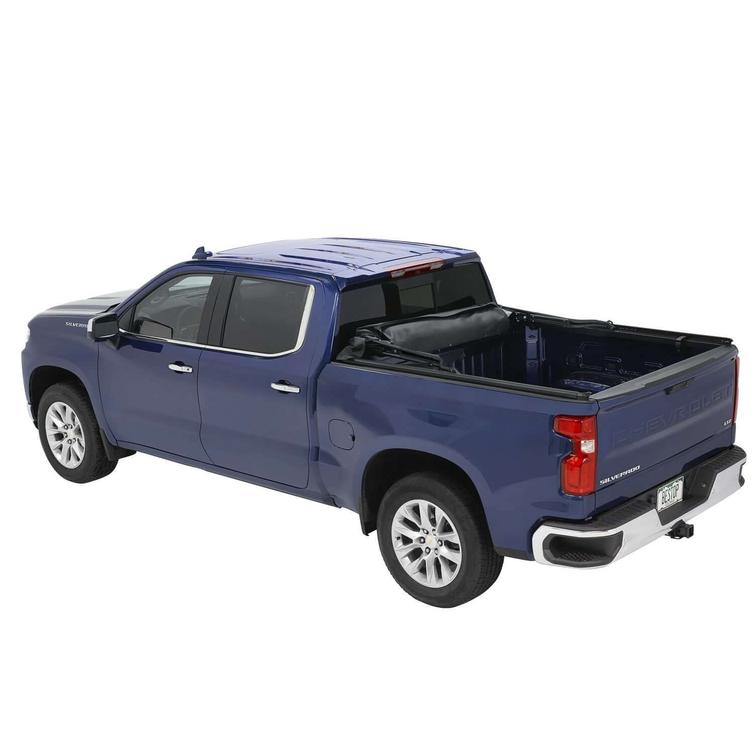 BESTOP | Supertop Truck Bed Cap 2 For Chevy/GMC 2020-2024 Silverado/Sierra 2500/3500 HD 6.8 Foot Black Diamond PVC Coated Sailcloth No Drill Bestop | 77337-35 on a blue truck.