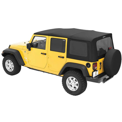 BESTOP | Replace-A-Top for OEM Hardware For Jeep 2007-2009 Wrangler JK 4 Door Tinted Black Diamond Sailcloth No Door Skins Included Bestop | 79137-35 on yellow Jeep.