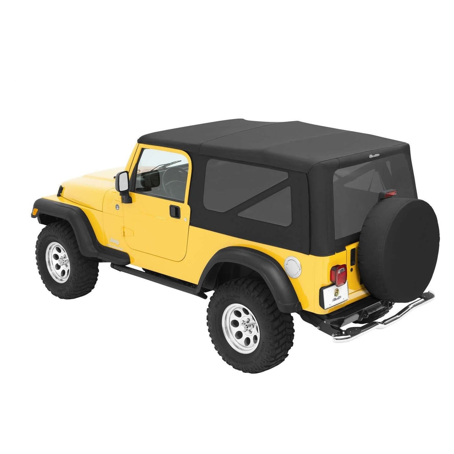 BESTOP | Replace-A-Top for OEM Hardware For Jeep 2004-2006 Wrangler TJ Tinted Black Diamond Sailcloth No Door Skins Included Bestop | 79140-35 on yellow Jeep Wrangler