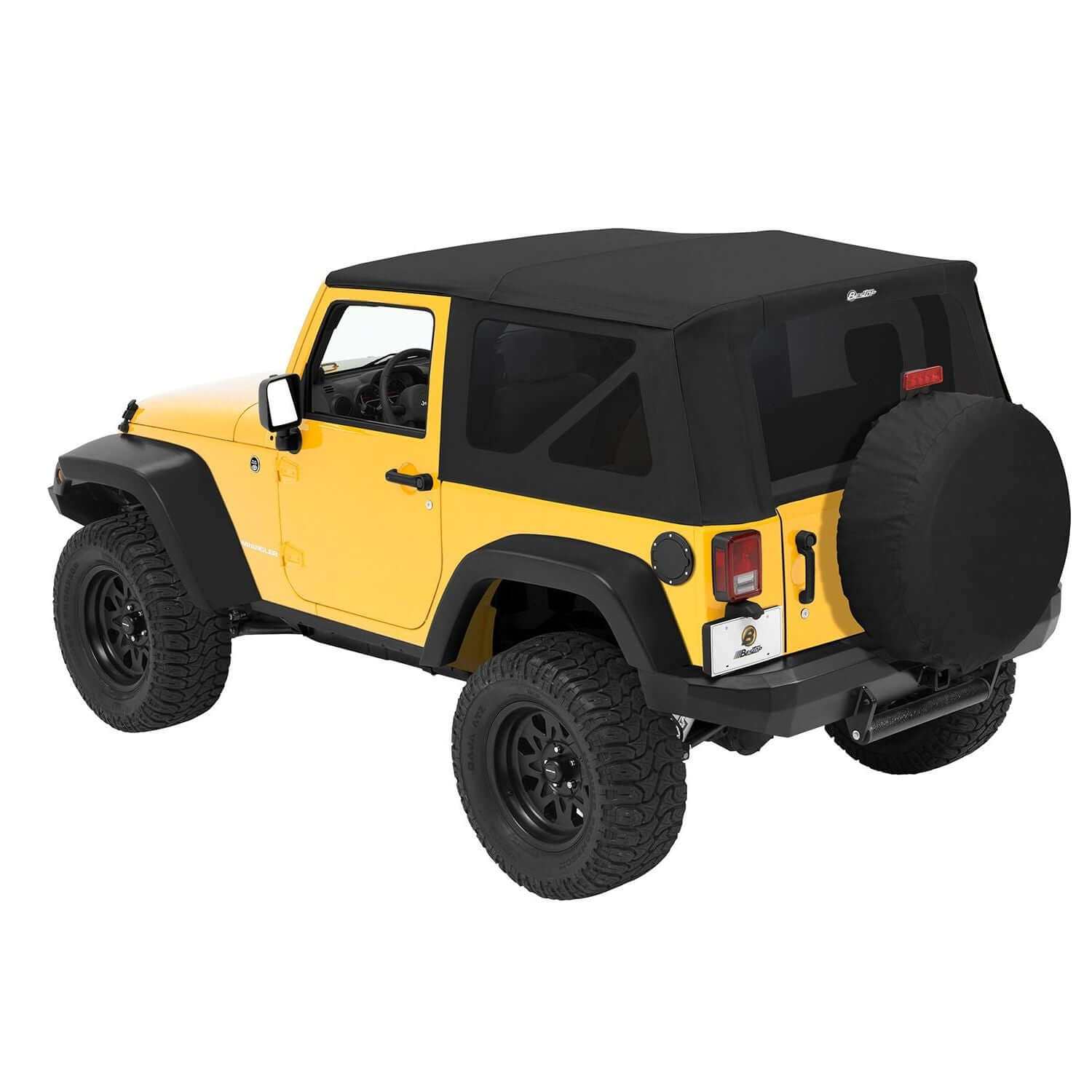 BESTOP | Replace-A-Top for OEM Hardware For Jeep 2010-2018 Wrangler JK 2 Door Tinted Black Diamond Sailcloth No Door Skins Included Bestop | 79146-35 on yellow Jeep
