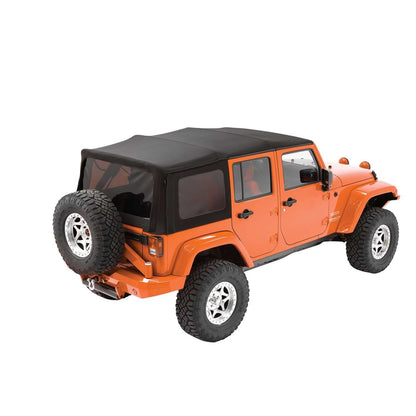 BESTOP | Replace-A-Top OE Exact (OEX) Fabric for OEM Hardware For Jeep 2010-2018 Wrangler JK 4 Door Tinted Black Diamond Sailcloth Bestop | 79349-35 on orange Jeep.