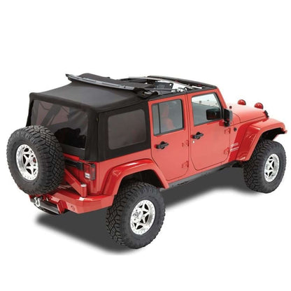 BESTOP | Replace-A-Top for OEM Hardware For Jeep 2007-2009 Wrangler JK 4 Door Tinted Black Premium Twill No Door Skins Included Bestop | 79837-17 on red Jeep