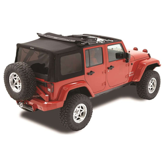 BESTOP | Replace-A-Top for OEM Hardware For Jeep 2010-2018 Wrangler JK 4 Door Tinted Black Premium Twill No Door Skins Included Bestop | 79847-17 installed on red Jeep.