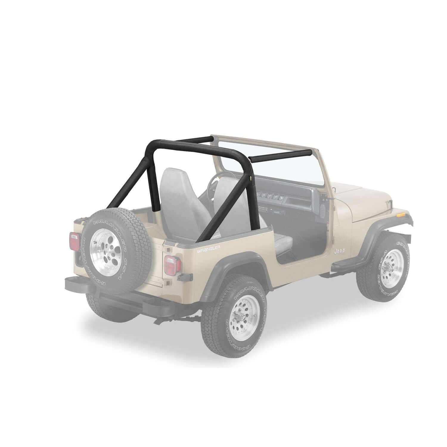 BESTOP | Jeep Sport Bar Covers For Jeep 1987-1990 Wrangler YJ Black Denim Bestop | 80008-15 on a beige Jeep.
