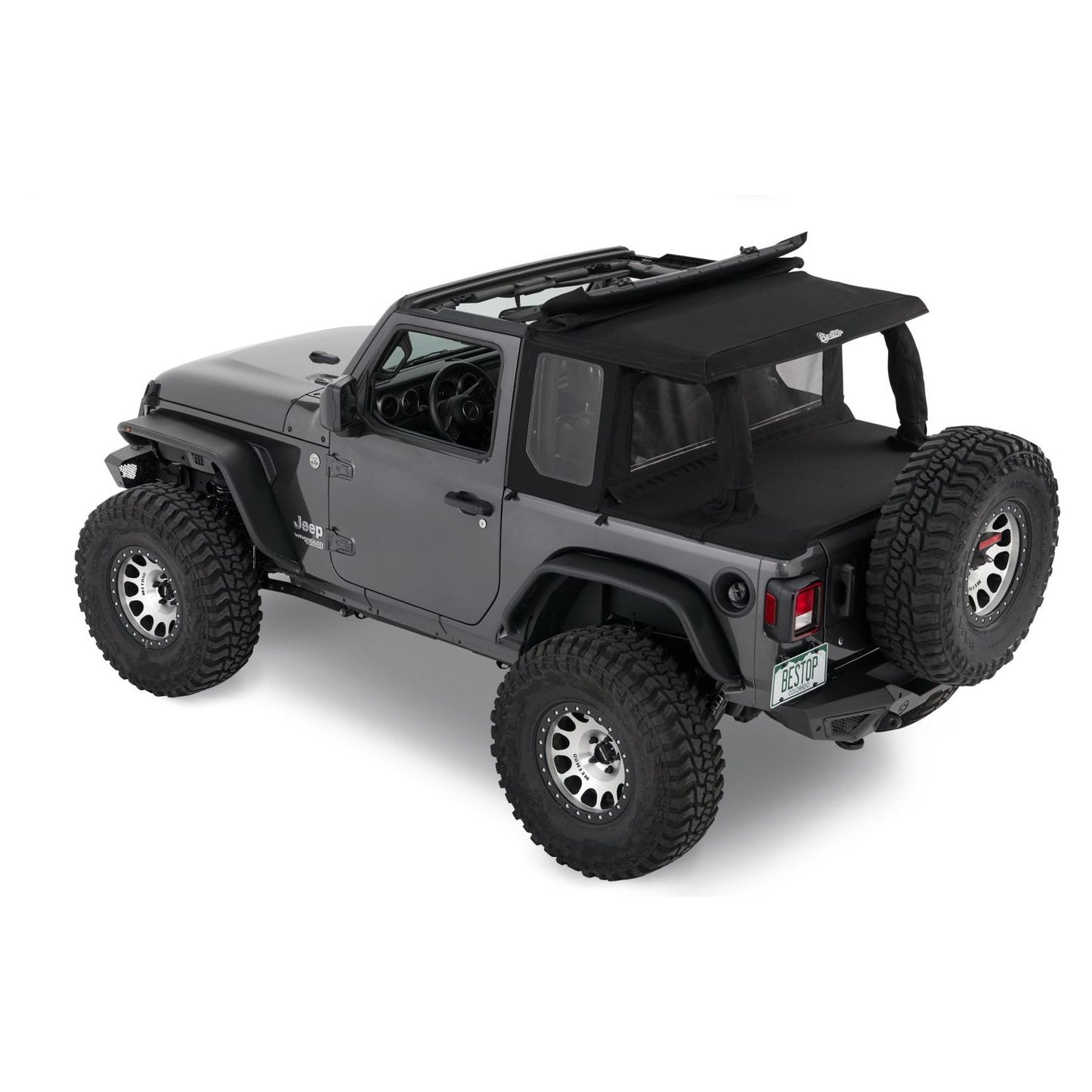 BESTOP | Halftop Conversion Kit Jeep '18-26 Wrangler JL 2-Door Premium Black Twill Bestop | 80101-17 on a modified Jeep.
