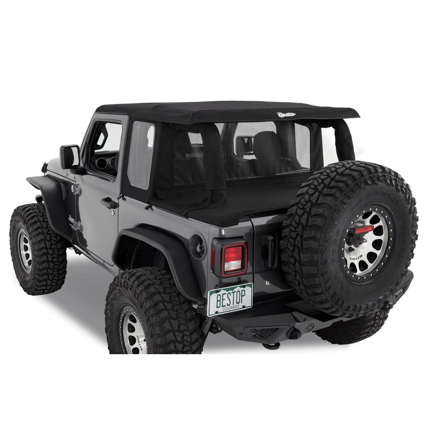 BESTOP | Halftop Conversion Kit Jeep '18-26 Wrangler JL 2-Door Premium Black Twill Bestop | 80101-17 installed on a black Jeep.