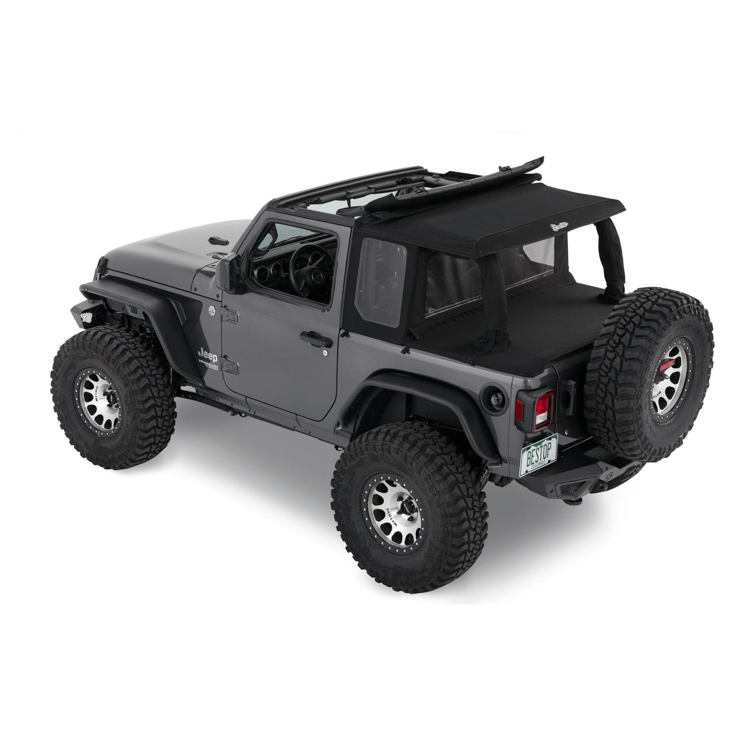 BESTOP | Halftop Conversion Kit Jeep '18-26 Wrangler JL 2-Door Black Diamond Bestop | 80101-35 installed on a black Jeep Wrangler.