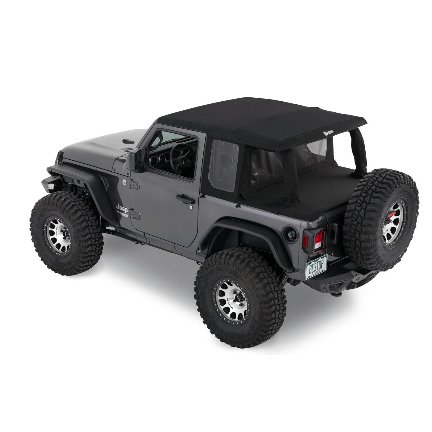 BESTOP | Halftop Conversion Kit Jeep '18-26 Wrangler JL 2-Door Black Diamond Bestop | 80101-35 installed on a grey Jeep.