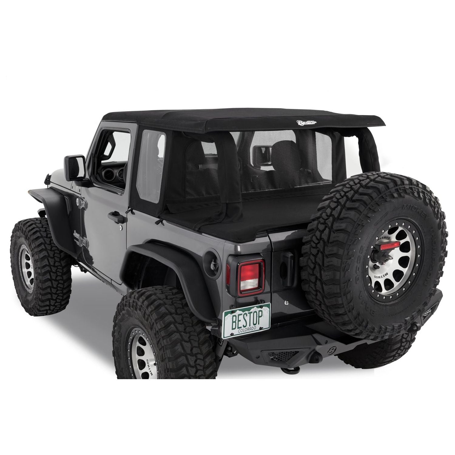 BESTOP | Halftop Conversion Kit Jeep '18-26 Wrangler JL 2-Door Black Diamond Bestop | 80101-35 installed on a black Jeep.