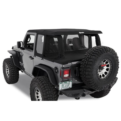 BESTOP | Halftop Conversion Kit Jeep '18-26 Wrangler JL 2-Door Black Diamond Bestop | 80101-35 installed on a black Jeep.