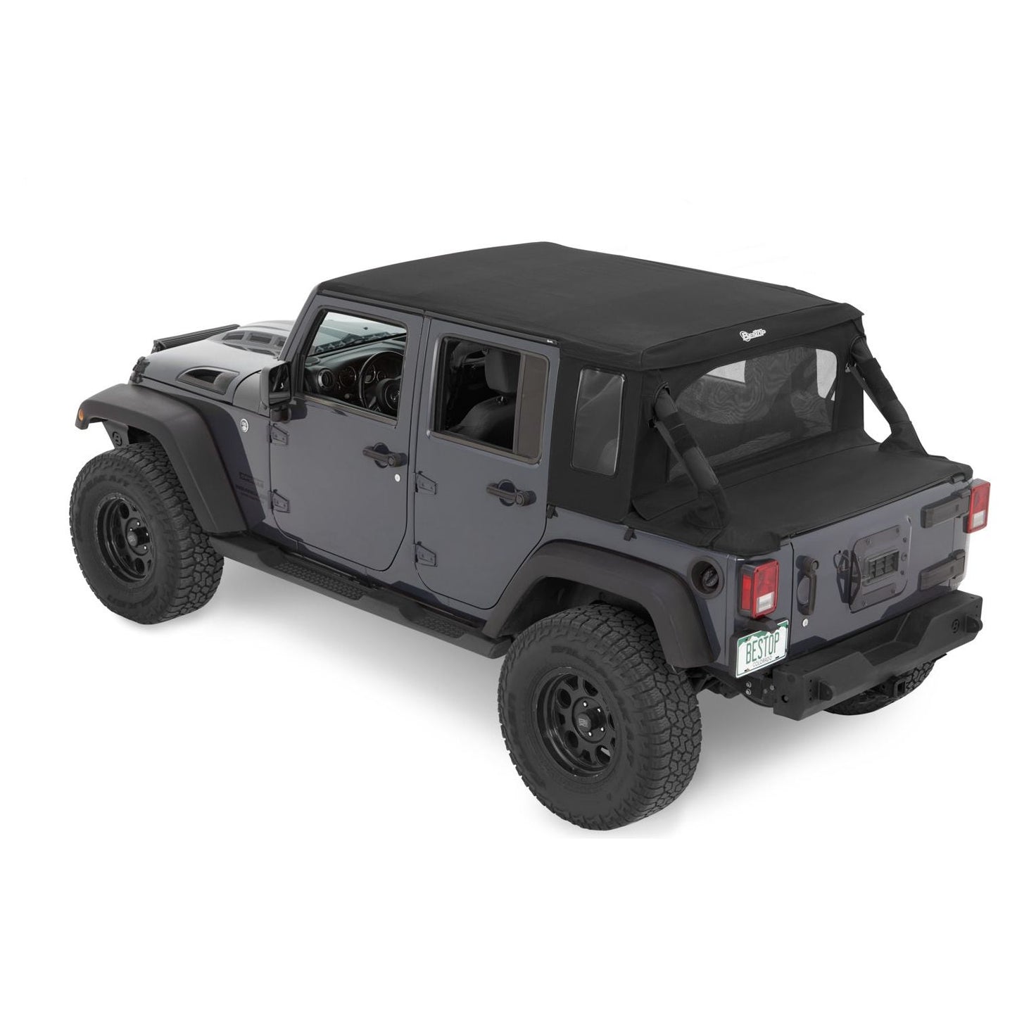 BESTOP | Jeep Wrangler Halftop Soft Top Conversion Kit For Jeep 2007-2018 Wrangler JK 4 Door Black Premium Twill Bestop | 80103-17 installed on Jeep