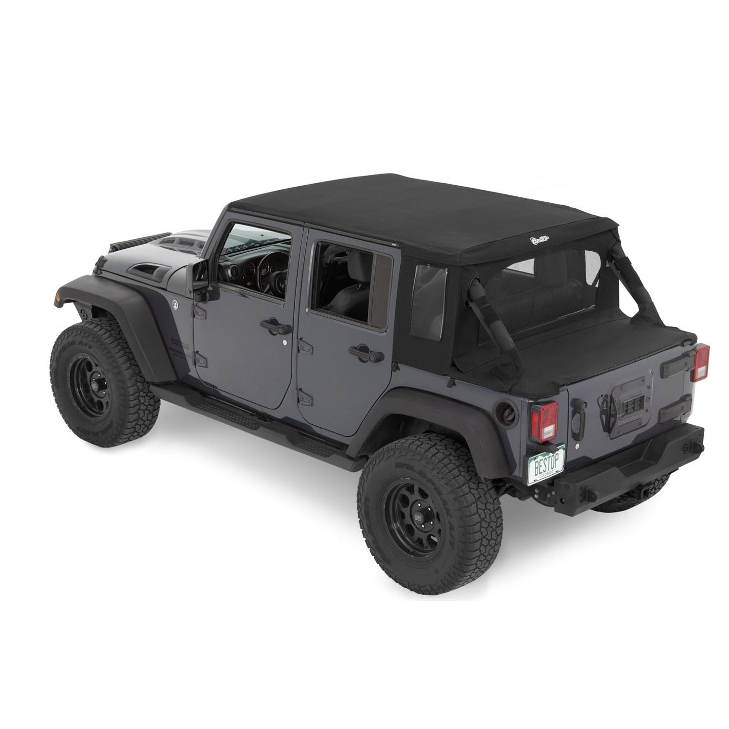 BESTOP | Jeep Wrangler Halftop Soft Top Conversion Kit For Jeep 2007-2018 Wrangler JK 4 Door Black Premium Twill Bestop | 80103-17 installed on Jeep.