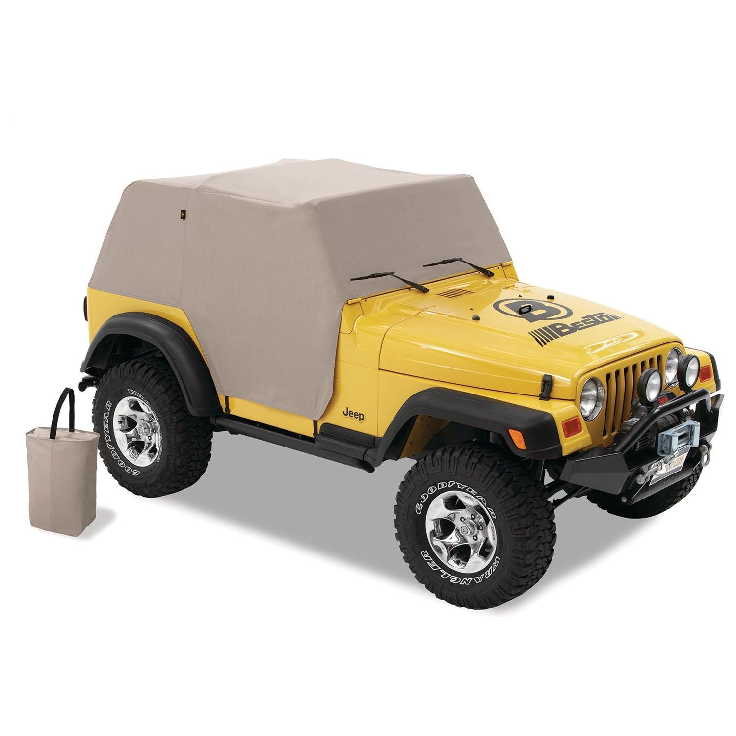 BESTOP | All Weather Jeep Trail Cover For Jeep 1992-1995 Wrangler YJ Charcoal/Gray Bestop | 81036-09 on a yellow Jeep.