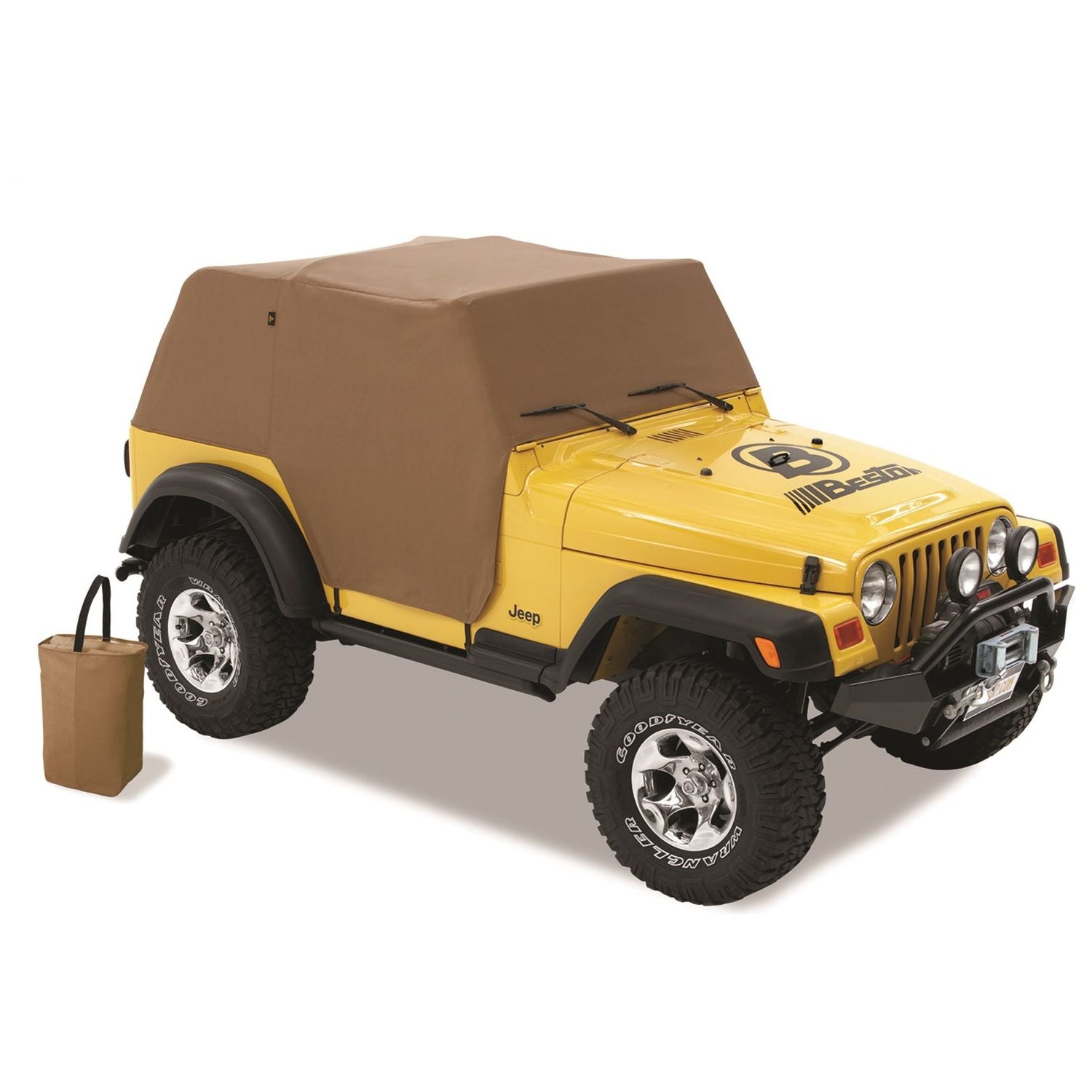 BESTOP | All Weather Jeep Trail Cover For Jeep Jeep 1997-2006 Wrangler TJ Spice Bestop | 81037-37 on a yellow Jeep.