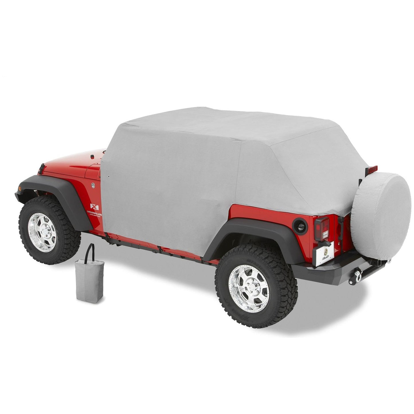 BESTOP | All Weather Jeep Trail Cover For Jeep 2007-2018 Wrangler JK 4 Door Charcoal/Gray Bestop | 81041-09 on a red Jeep.