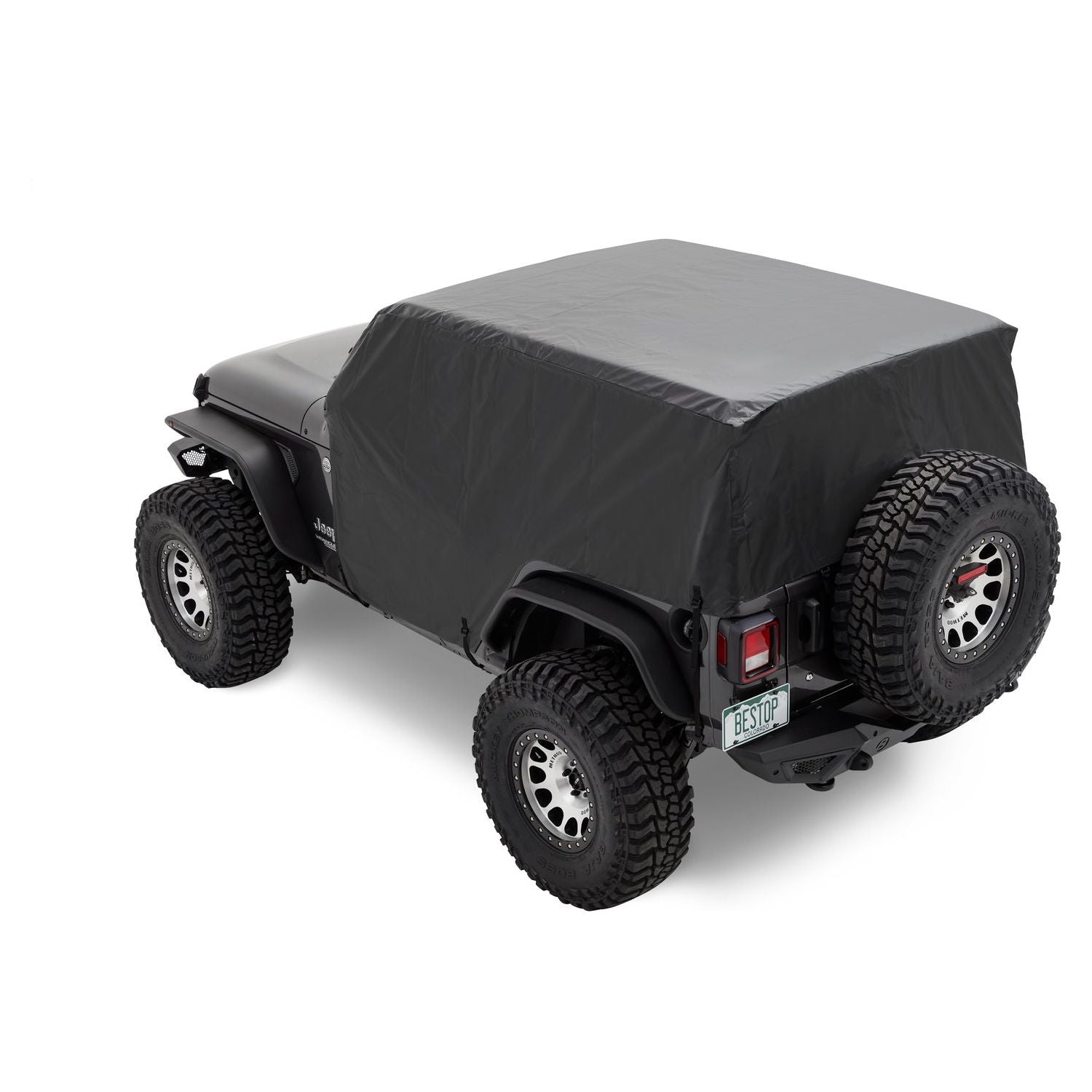BESTOP | All Weather Trail Cover Jeep '07-18 Wrangler JK '18-26 JL 2-Door Black Bestop | 81044-01 on a black Jeep