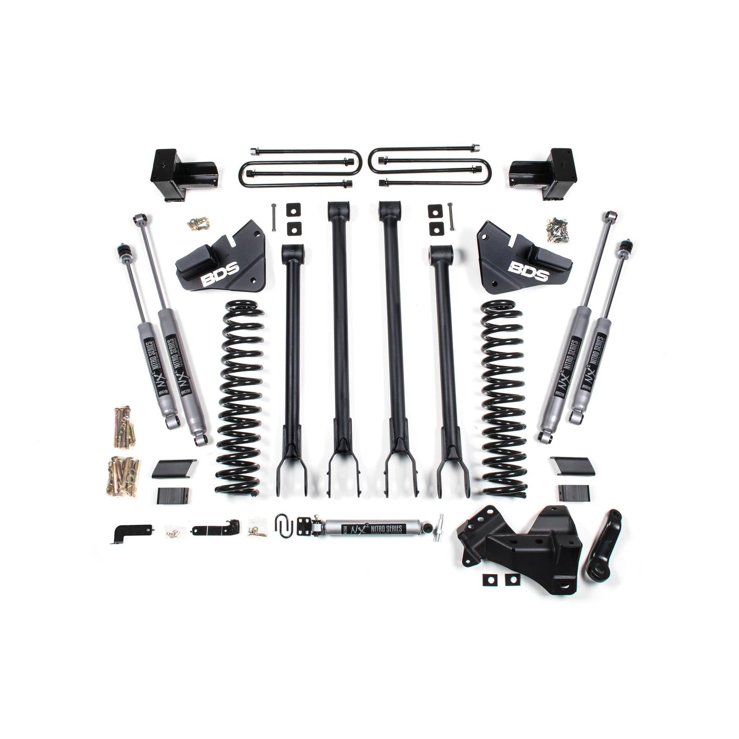 BDS Suspension | 4 Inch Lift Kit 4-Link Conversion Ford F250/F350 Super Duty 17-19 4WD Diesel 5 Inch Block 2 Leaf Main NX2 Nitro Shocks | BDS1537H