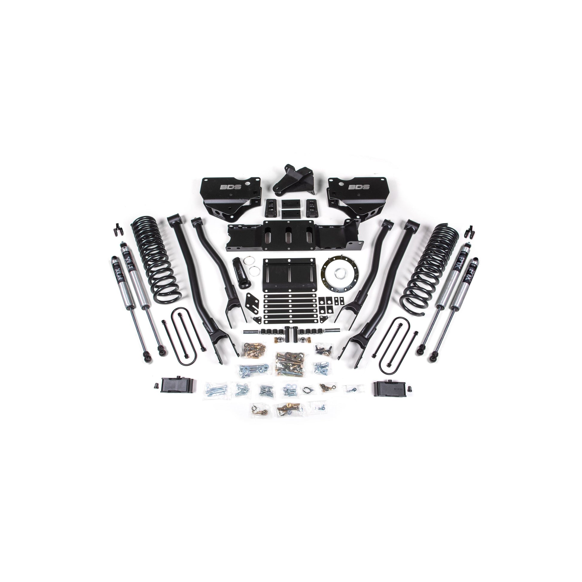 BDS Suspension 4-Link Lift Kit components for 19-24 Ram 3500 Diesel featuring Fox 2.5 Shocks.