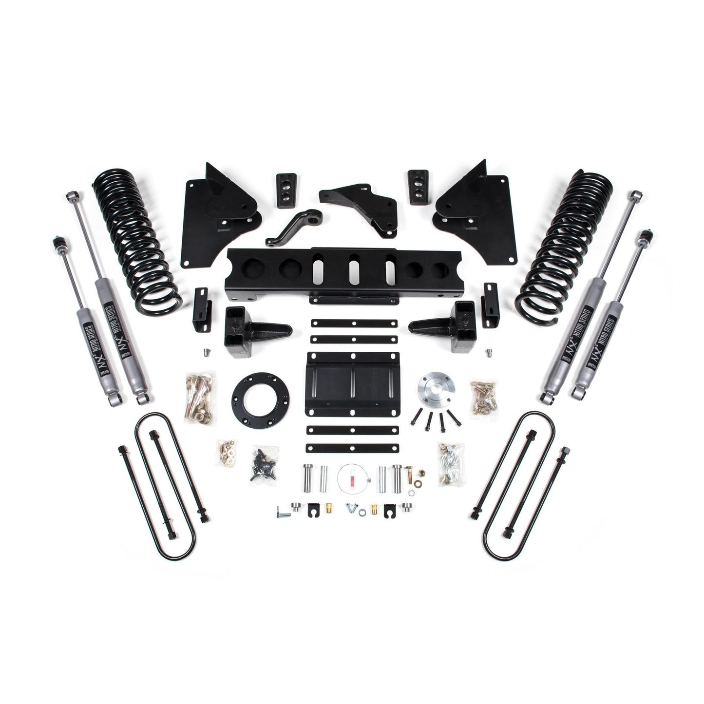 BDS Suspension lift kit components for Ram 3500 2013-2018 with Fox 2.0 shocks and leaf springs.