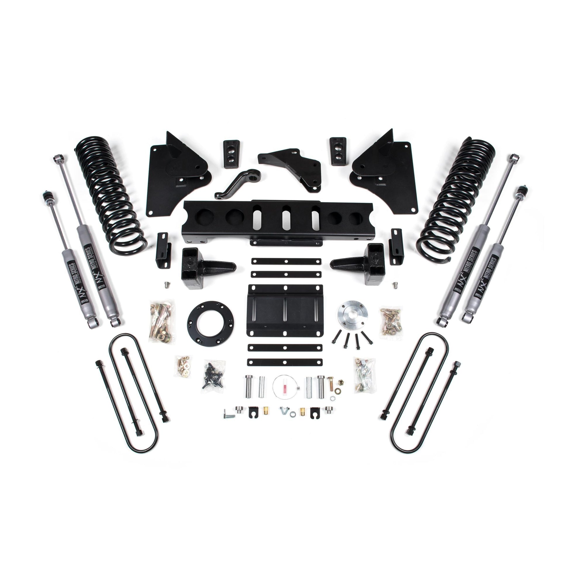 BDS Suspension lift kit components for Ram 3500 2013-2018 with Fox 2.0 shocks and leaf springs.