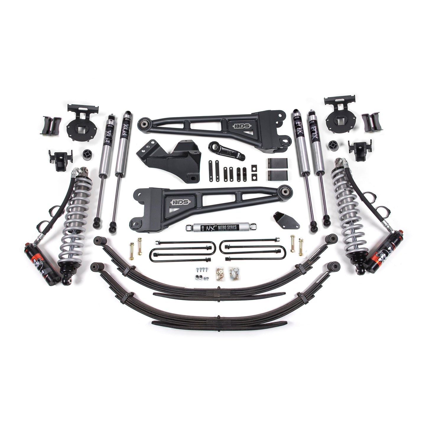 BDS Suspension lift kit components for 2008-2010 Super Duty, featuring FOX 2.5 coilovers and leaf springs.